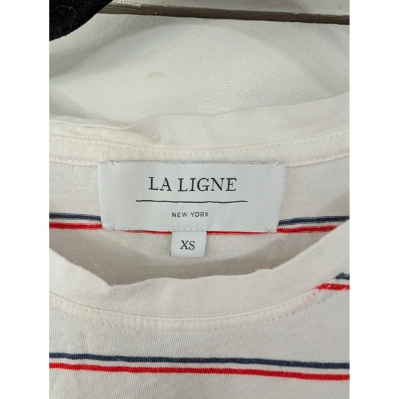 LA‎ LIGNE Striped T-Shirt Womens XS White Red Blue Cotton Modal Peru patriotic - Picture 3 of 7